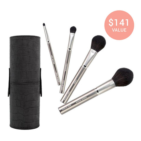 Jenny Patinkin Luxury Vegan Makeup Brush Set 4 Brushes + Velvet Brush Canister | Real Beauty Outlet